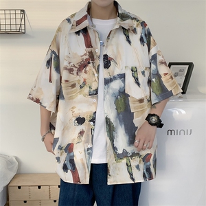 夏欧美复古油画印花短袖衬衫男潮牌街头宽松慵懒风休闲 W720-P30图片