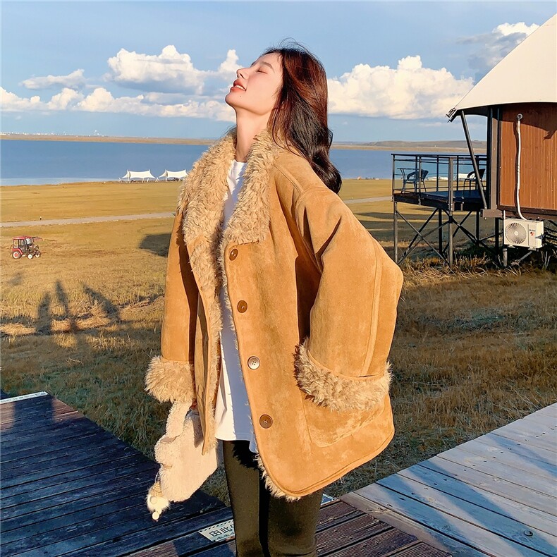 两面穿羊羔毛外套2025冬新款麂皮绒皮毛一体机车服夹克女，女装羊羔毛/颗粒绒，浙宝106