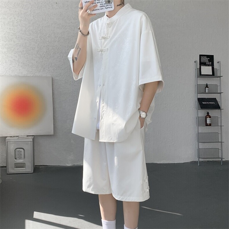 新中式套装风立领短袖衬衫大码冰丝盘扣唐装两件套TZ1703特P66,男装衬衫,电商B238