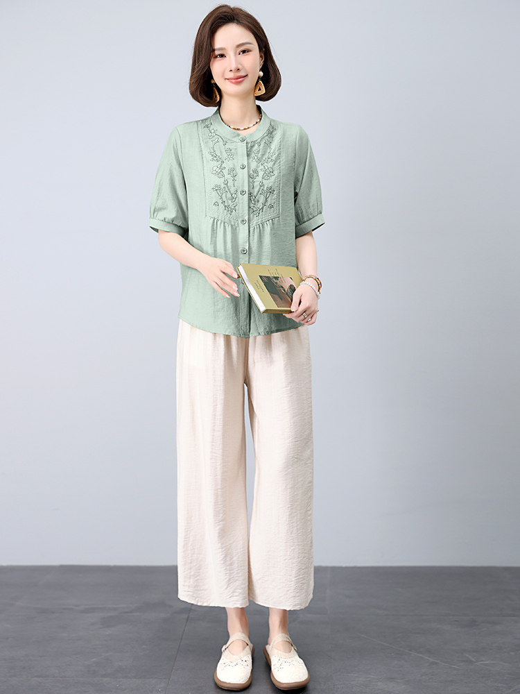 时尚套装夏季薄款2025新款苎麻上衣大方得体一整套超火亚麻两件套,女装套装/套裙,江忆布依