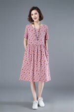 2021年夏季通勤韩版中长款A字裙圆领印花圆点套头40-49周岁裙子，女装连衣裙，伊满意