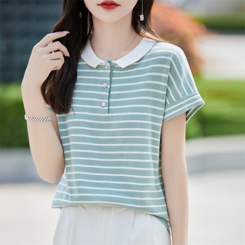 夏装Polo领条纹纯棉针织短袖T恤女洋气减龄显瘦百搭半袖打底上衣,针织衫/毛衣,彩羽羊绒