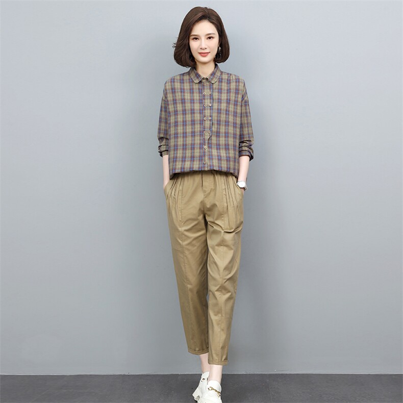 春秋装套装女宽松显瘦2022年新款潮韩版休闲格子衬衫两件套装裤子图片