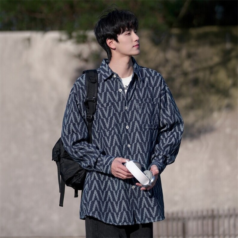 GENIOLAMODE撞色牛仔衬衫外套男秋季宽松休闲潮流痞帅夹克美式潮，男装衬衫，电商C323-1