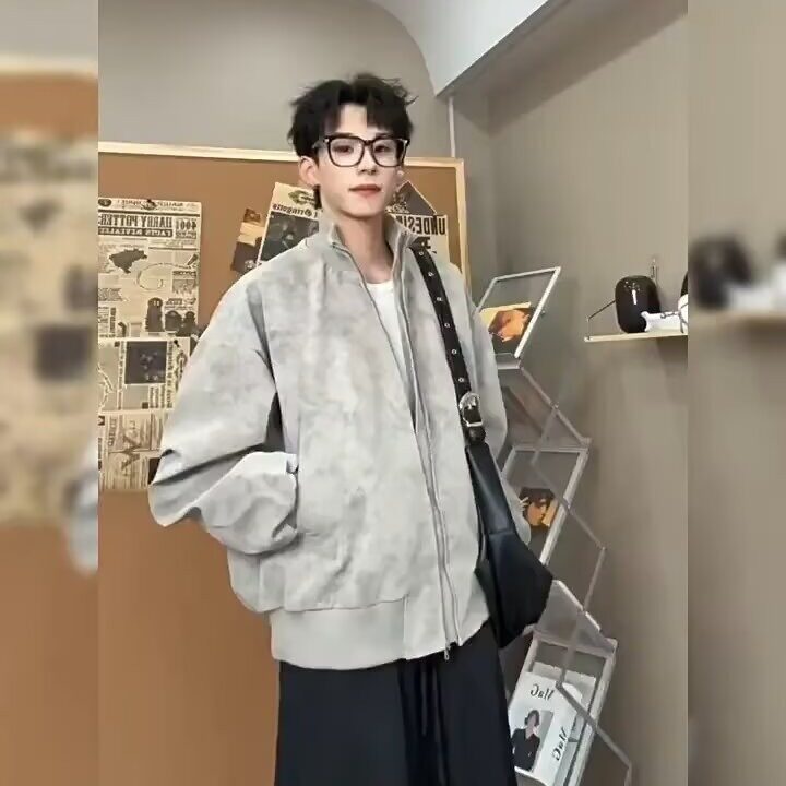 春秋男女情侣款宽松长袖立领浅灰外套大码上衣百搭休闲款毛圈棉女,女装短外套,星座506A