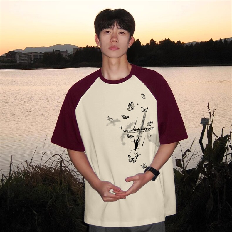 抖音得物高品质二开240克宽松纯棉美式潮牌插肩袖拼接短袖T恤,男装T恤,电商A486