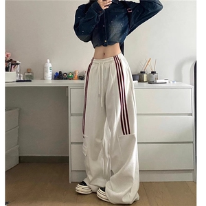 美式三条杠撞色条纹工装裤秋季新款高腰显瘦宽松直筒阔腿运动裤图片