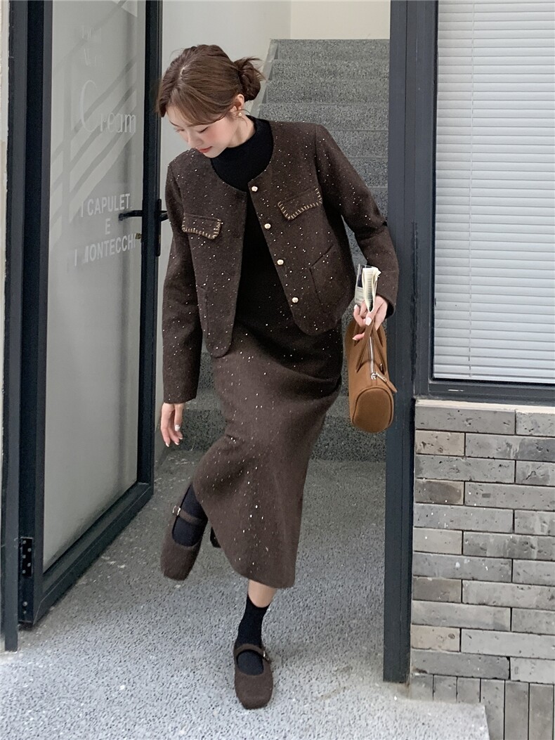 现货-高级感时尚套装2025年秋冬新款加厚夹棉气质两件套套装女,女装套装/套裙,霓裳依族