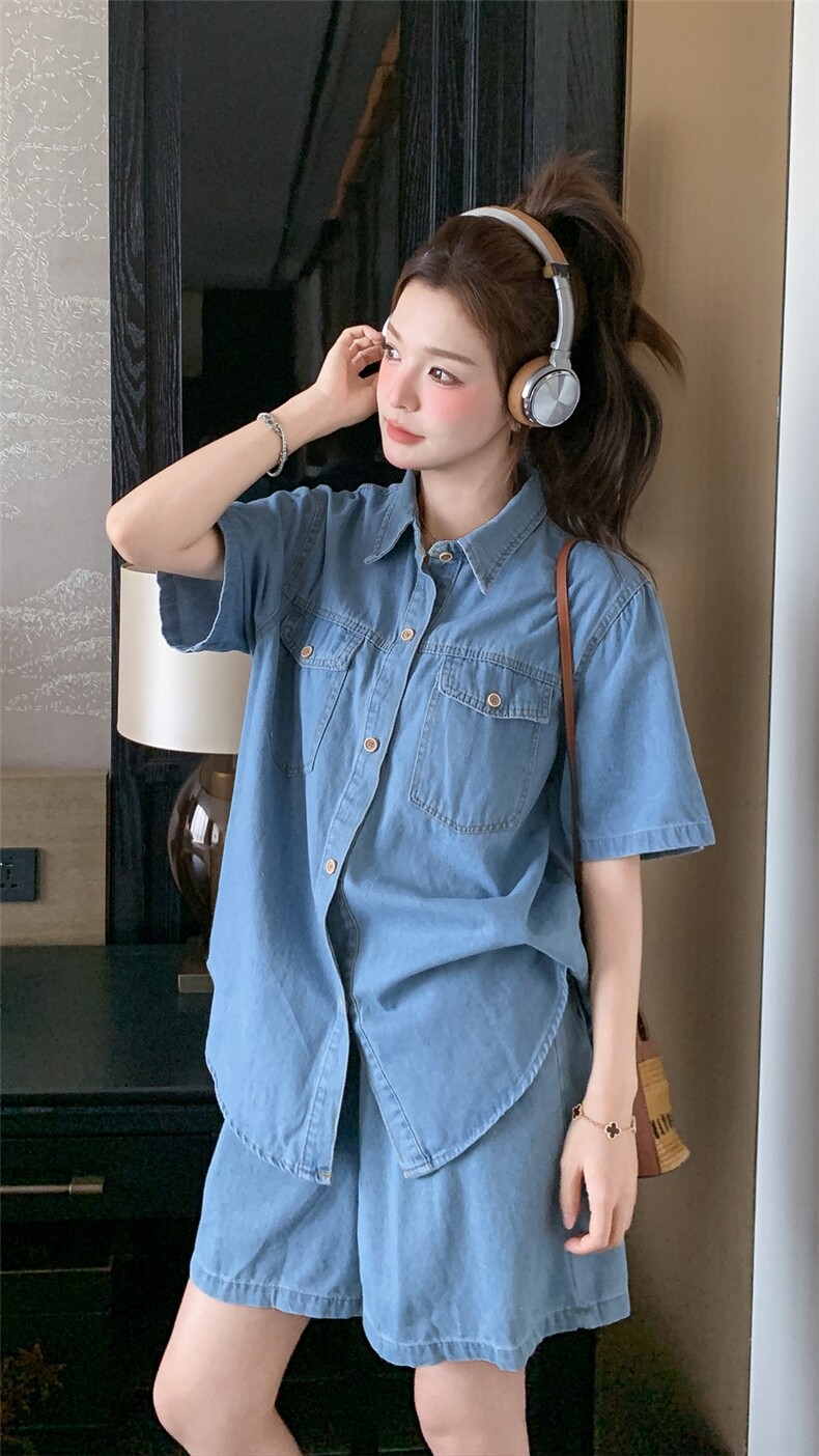 韩版复古牛仔套装女小个子2025夏新款薄款短袖衬衫阔腿短裤两件套,女装套装/套裙,2C212