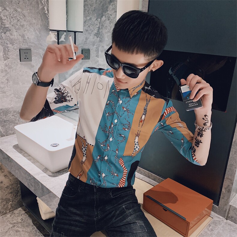 312A-238-P55新款社会小伙中袖衬衫韩版潮流男士五分袖衬衣A，男装T恤，星座312A-5