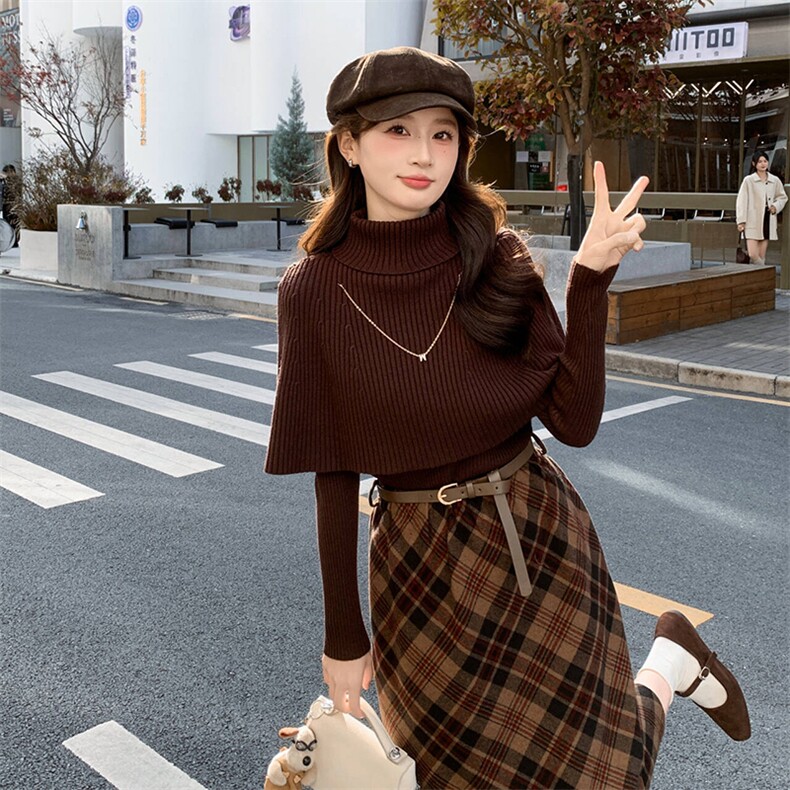 设计感洋气套装裙女2025冬新款针织斗篷打底衫格纹半身裙三件套,女装套装/套裙,超帛