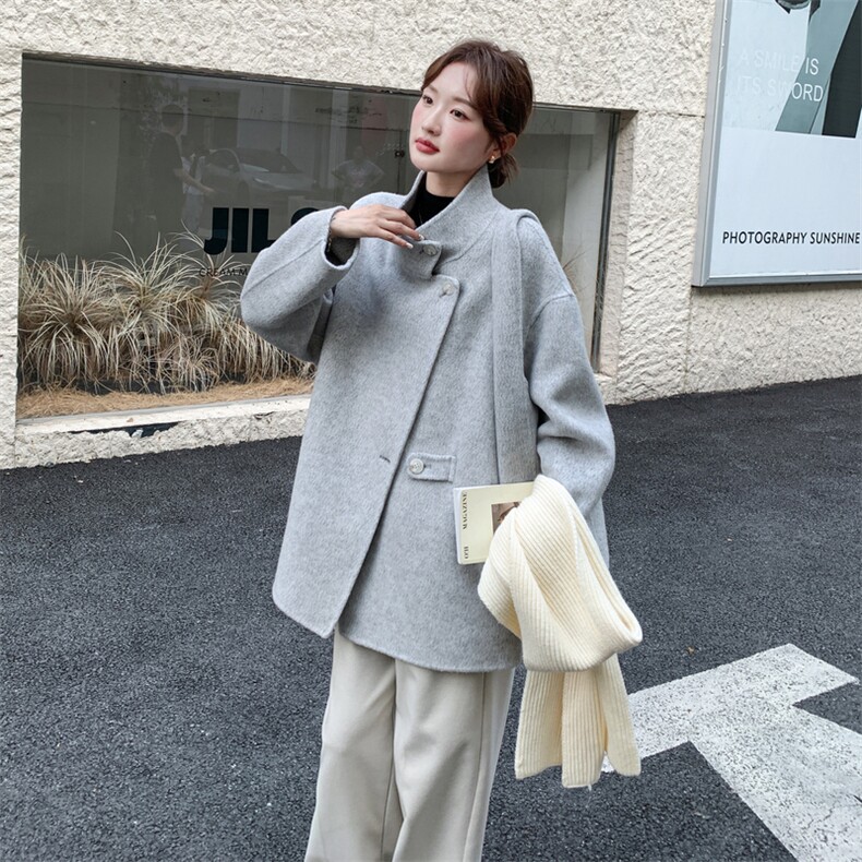 轻熟风立领呢大衣女2025秋冬新款高级感宽松显瘦小个子毛呢外套,女装毛呢外套,2D014