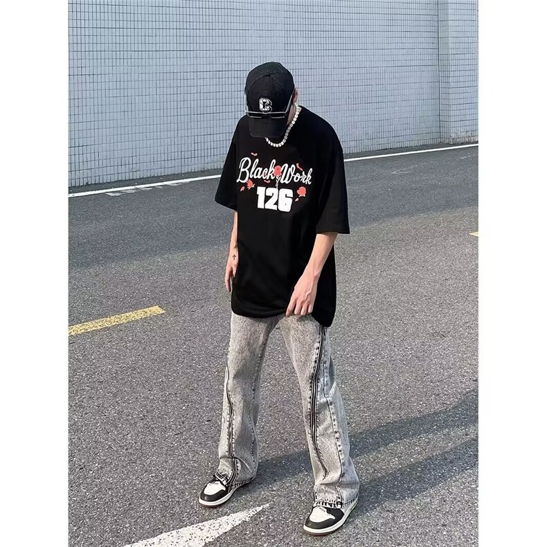 3080-P52解构黑色弯刀牛仔裤男女潮流阔腿宽松风哈伦微喇裤子,男装牛仔裤,电商B323A
