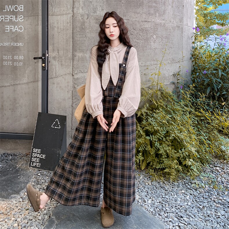 慵懒松弛感格子背带裤衬衣显瘦套装女2025年春秋季新款韩系两件套,女装套装/套裙,2C007