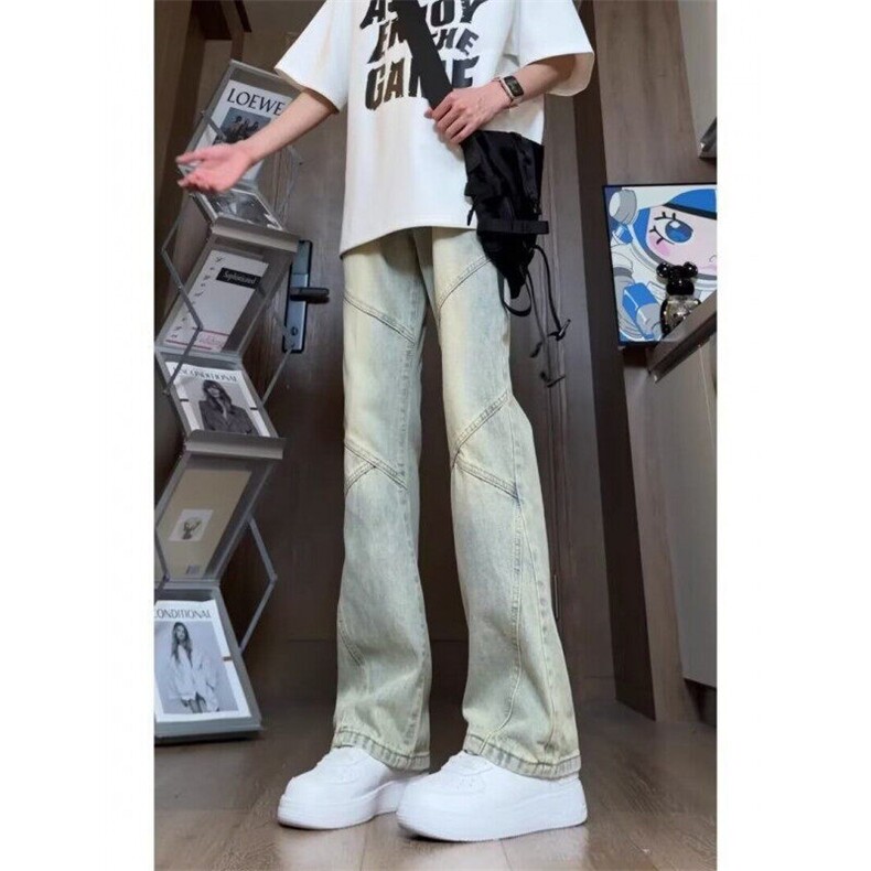 美式vibe风裤子高个子加长浅蓝色拼接牛仔裤男高街修身直筒微喇裤,男装牛仔裤,电商A247C