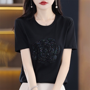 T恤女短袖圆领刺绣丝光棉宽松2025春新款上衣设计感减龄纯棉半袖图片
