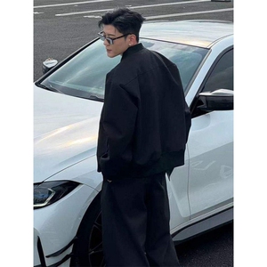 网图黑色美式红内短款飞行夹克男秋季解构倒三角设计感外套痞帅图片