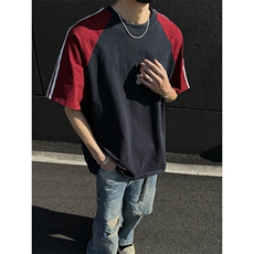 抖音得物二开品质240克宽松纯棉美式高街撞色织带短袖T恤YQ39，男装T恤，电商A486-1