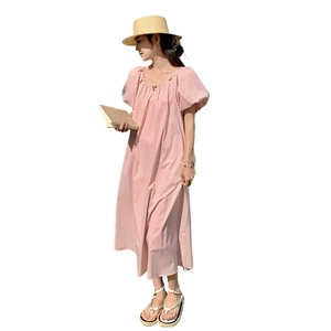 法式复古甜美泡泡袖连衣裙女2025夏季新款韩版宽松显瘦桔梗长裙子图片