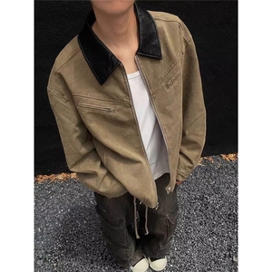美式高街皮领垫肩外套潮牌欧美街头cleanfit高级感痞帅飞行员夹克图片