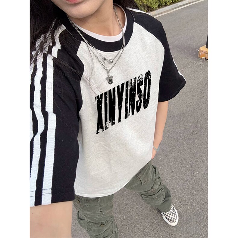 抖音得物品质二开240克宽松纯棉美式潮牌插肩三杠织带短袖T恤图片