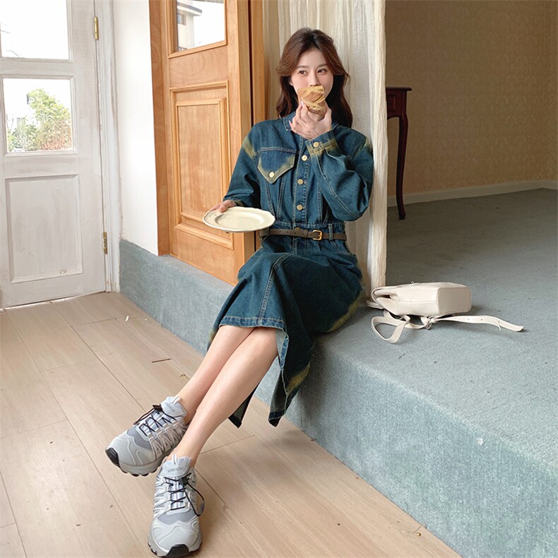 拼接牛仔连衣裙女2024春季新款小个子修身裙子衬衫裙,女装连衣裙,点滴