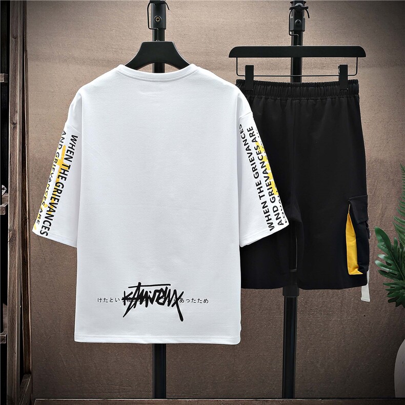 夏季两件套短袖男t恤宽松韩版潮流休闲工装裤套装衣服F212P68,男装休闲套装,电商A086