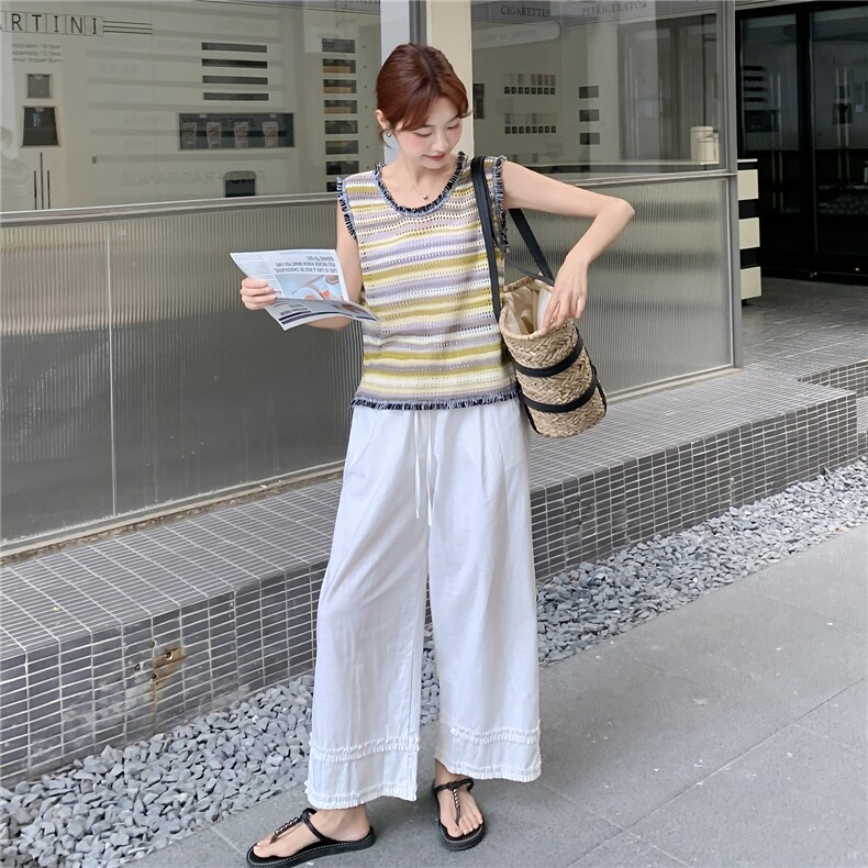 松紧腰木耳边拼接休闲阔腿裤女夏2025新款宽松显瘦棉麻直筒九分裤,女装套装/套裙,2C135