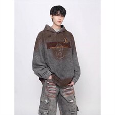 W11131-P88网图现货高品质春季新款复古做旧刺绣连帽套头卫衣，男装卫衣，星座1608