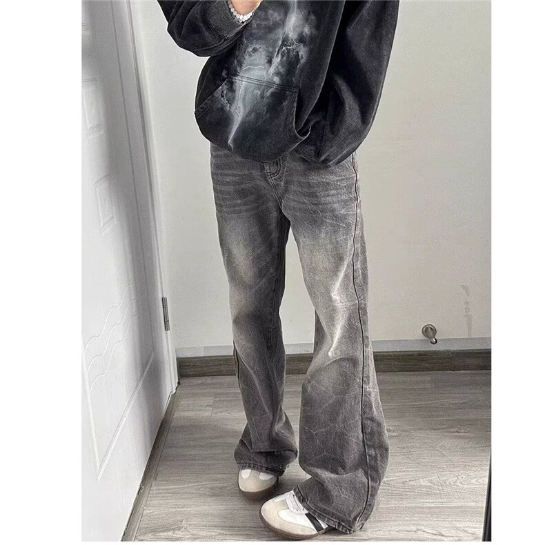 直脚中腰夏季纽扣青少年新款水洗黑灰色微喇牛仔裤男春秋季潮潮流,男装牛仔裤,星座506A