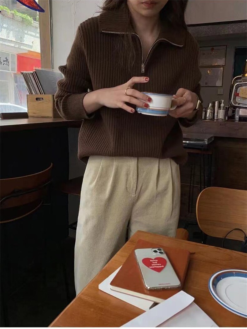 欧洲站气质半拉链翻领针织衫女秋冬宽松厚款POLO领毛衣羊毛衫,女装羊毛衫,思途羊绒