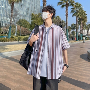 花衬衫男短袖夏季条纹休闲上衣服外套翻领大码衬衣A012/863P35图片