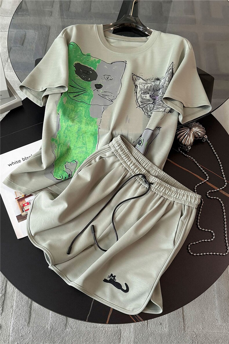 少女风穿搭时尚套装女夏宽松显瘦圆领卡通印花上衣阔腿短裤两件套,女装套装/套裙,江南