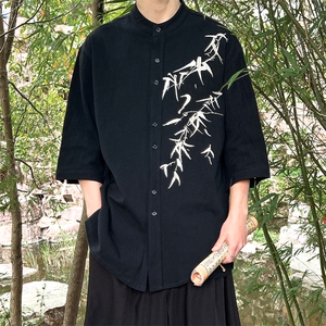 24夏季新款风新中式男生竹叶绣花立领盘扣衬衫T29-P65-控78,长袖t恤裙怎么搭配外套上衣图片
