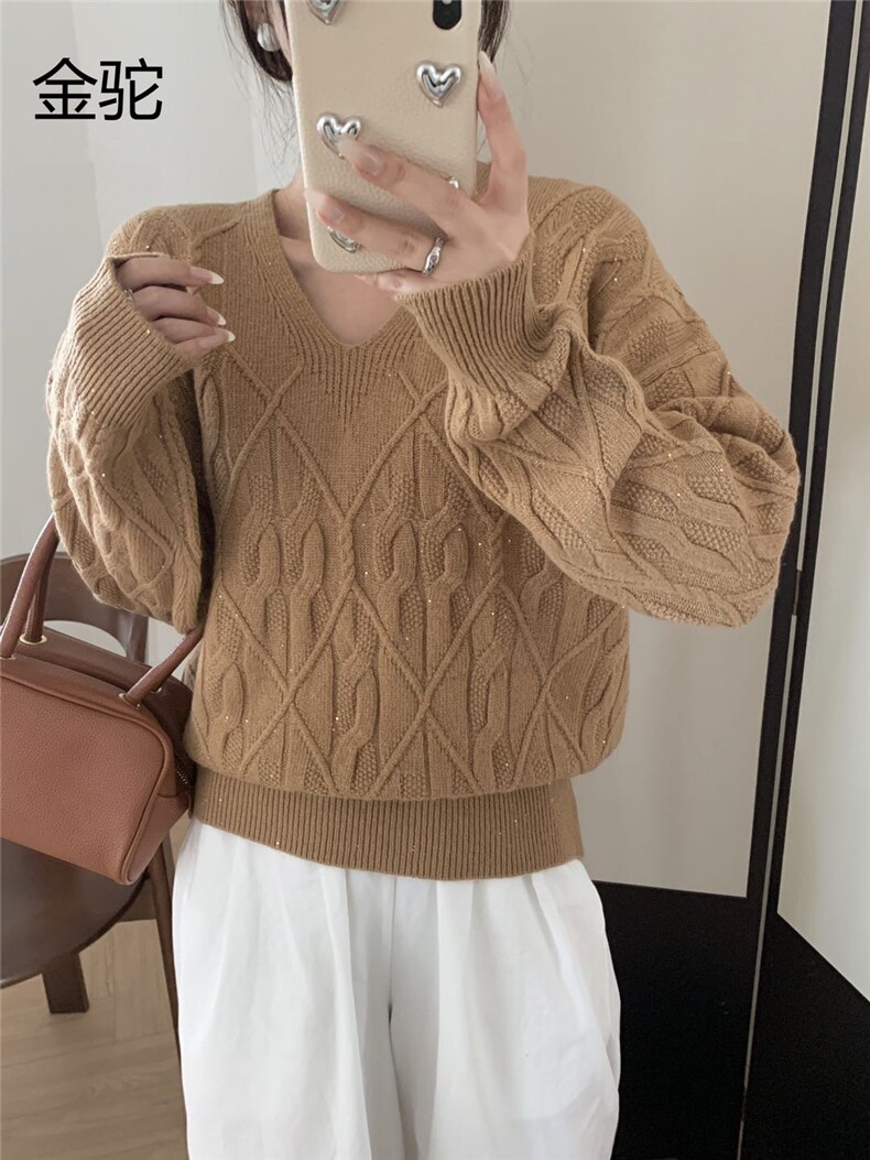 扭花V领珠片纱女士秋冬针织衫纯色简约休闲时尚,女装羊毛衫,牧思羊