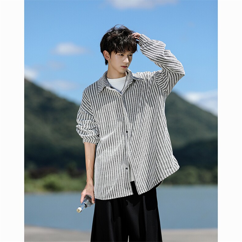 8XL-M鱼骨纹小香风衬衫男生春秋衬衣宽松慵懒垂感外套CS29009P45,男装衬衫,电商B312