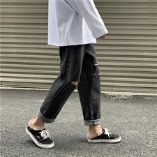 夏季港风ins纯色休闲破洞九分牛仔裤潮男宽松男女直筒裤KZ07，男装牛仔裤，星座1008
