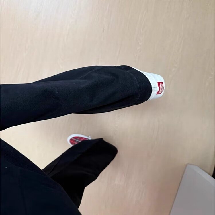 斜杠三条纹红黑撞色拼接显瘦微喇牛仔裤小众设计感美式工装直筒裤,男装牛仔裤,星座218-8