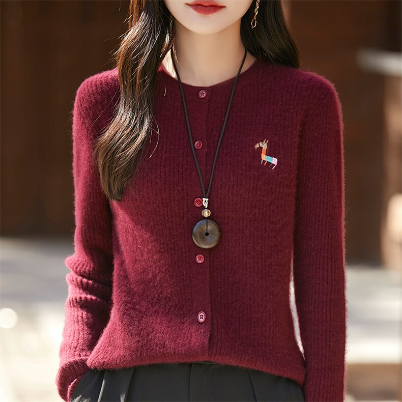 秋冬季羊毛休闲简约时尚百搭小马刺绣条纹羊毛开衫,女装羊毛衫,琳华羊绒