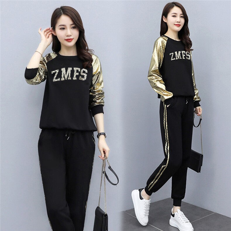 芷墨春秋装新款时尚简约撞色运动套装裤卫衣上衣两件套装，女装运动套装，芷墨服饰