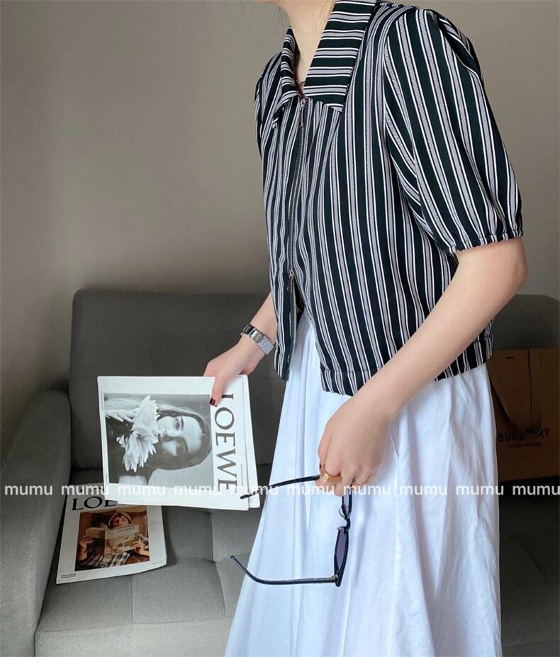 条纹轻薄上衣，女装，沐·沐