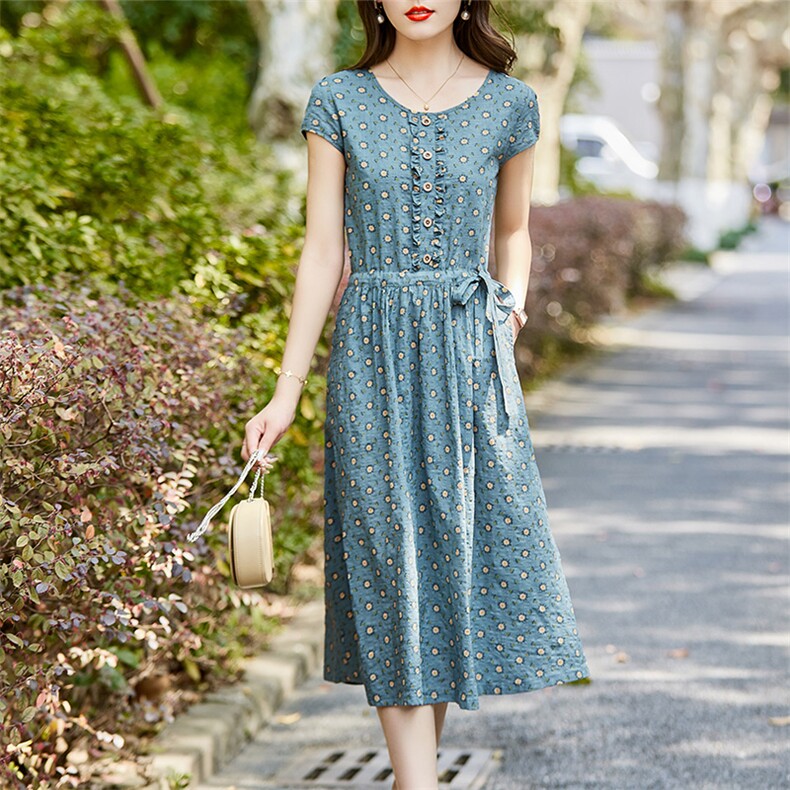 碎花V领连衣裙女夏季薄款2021新款中长款收腰显瘦妈妈棉麻长裙子,女装连衣裙,超帛