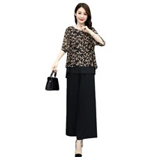 2022夏季新款时尚个性优雅气质圆领舒适休闲裤腿裤两件套，女装套装/套裙，魅影