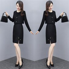 春季新款侧边拉链圆领针织拼接连衣裙+小马甲两件套套装，女装连衣裙，微微衣阁