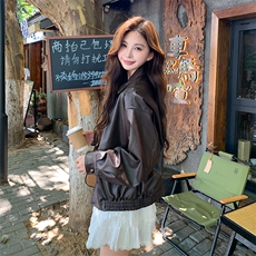 复古港风时尚休闲PU皮女2024年春秋新款大码宽松显瘦夹克外套上衣，女装皮衣，浙宝281