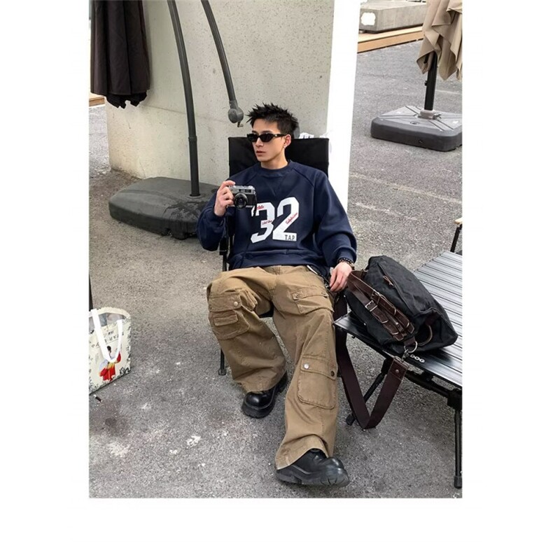 美式复古数字贴布绣圆领球服卫衣男女宽松百搭高级感运动上衣,男装卫衣,星座506A