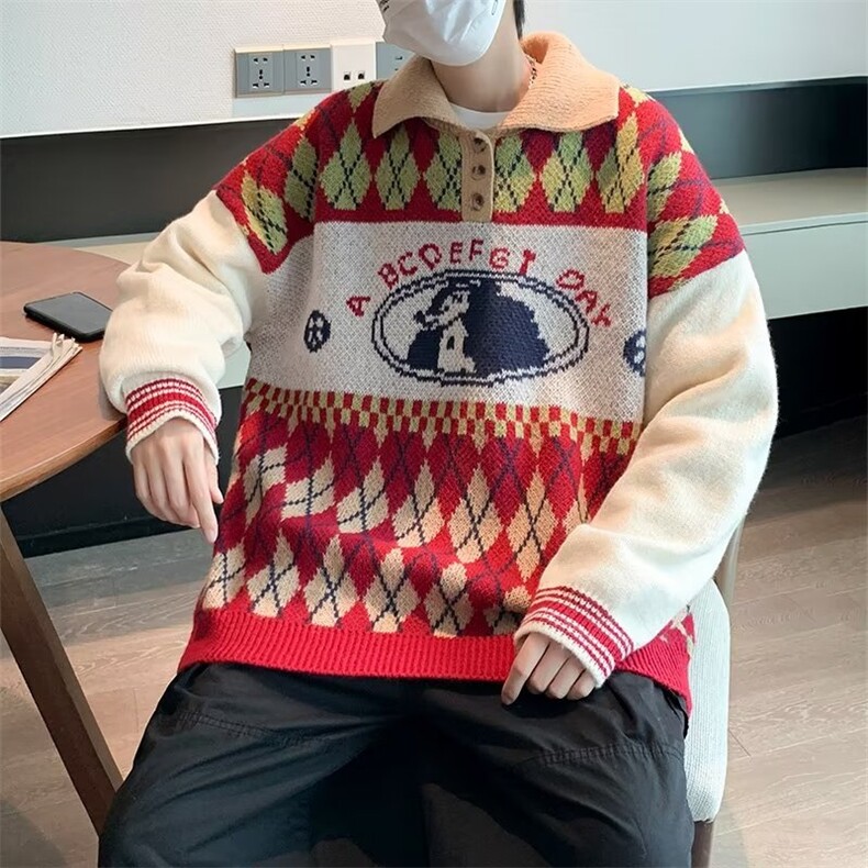 格子P0l0领毛衣美式圆领毛衣男慵懒风休闲针织衫 FM07 P45图片