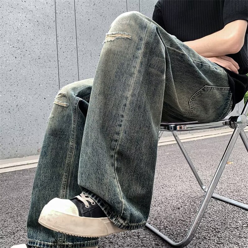 山小川潮牌破洞牛仔裤男美式高街设计感小众做旧水洗宽松直筒长裤,男装牛仔裤,四季星座505