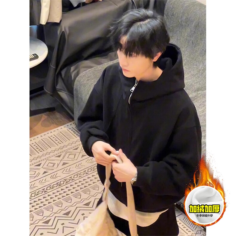 480G重磅加绒硬挺boxy男女秋冬美式高街结构高领卫衣开衫厚外套,女装短外套,电商A486