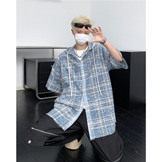 2025夏季格子短袖衬衫男日系复古宽松休闲五分袖衬衣C1286P38，男装衬衫，星座1108